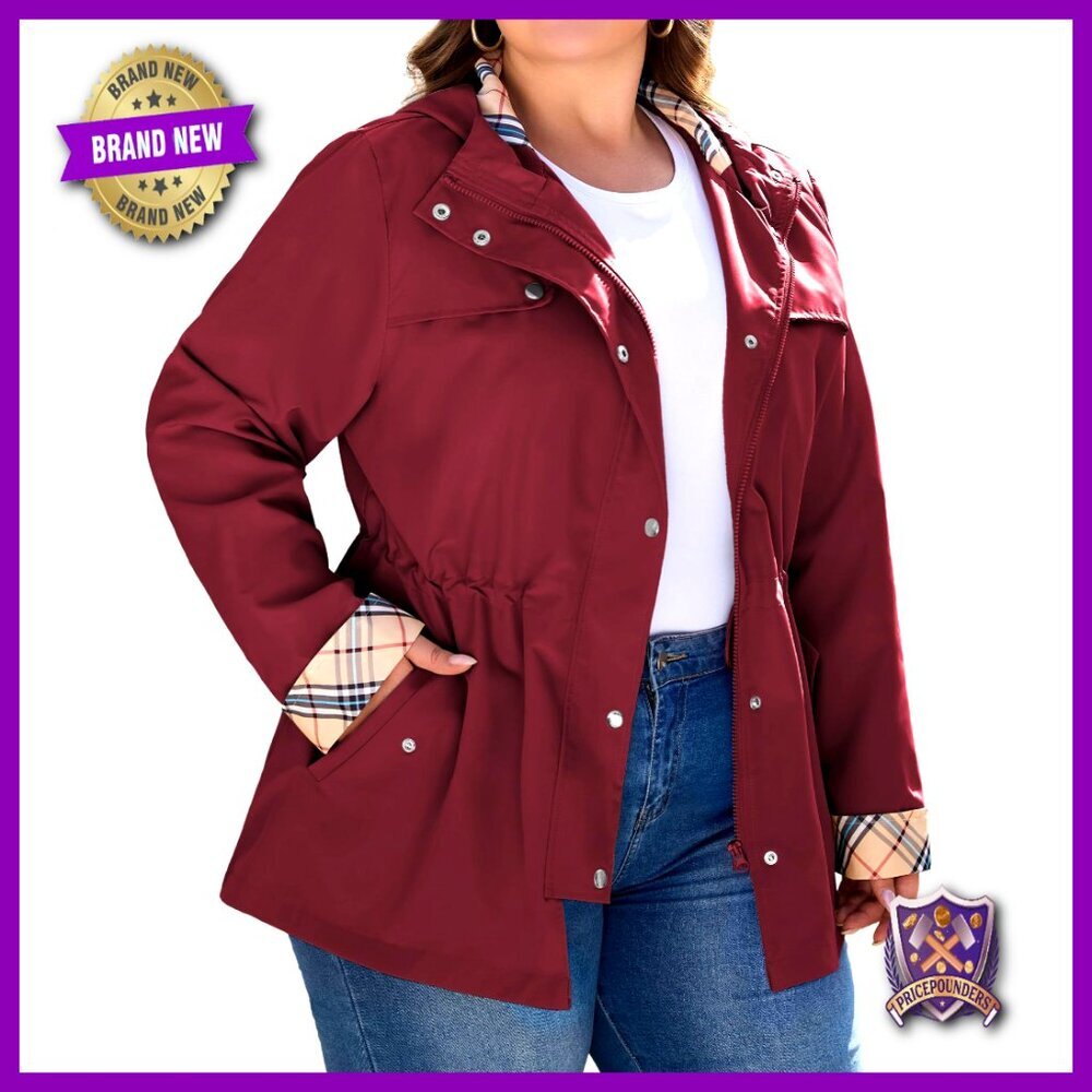 Plus Size Long Raincoat Hooded Waterproof Trench Coat Outdoor Chic Classic